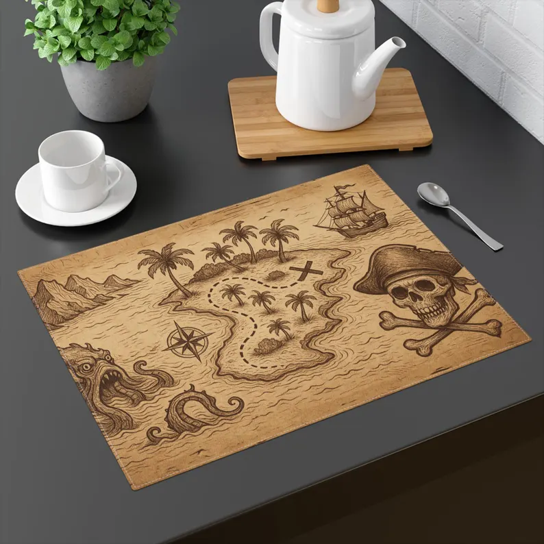 Pirate Treasure Map Placemat with detailed nautical design featuring islands, ships, and compass